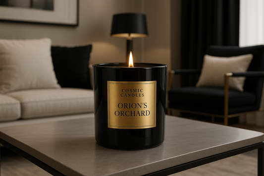 black ceramic candle with a gold square label on the front, sitting on an elegant coffee table in a modern black, white, and gold color schemed living room that reads "Cosmic Candles" and underneath that, "Orion's Orchard"