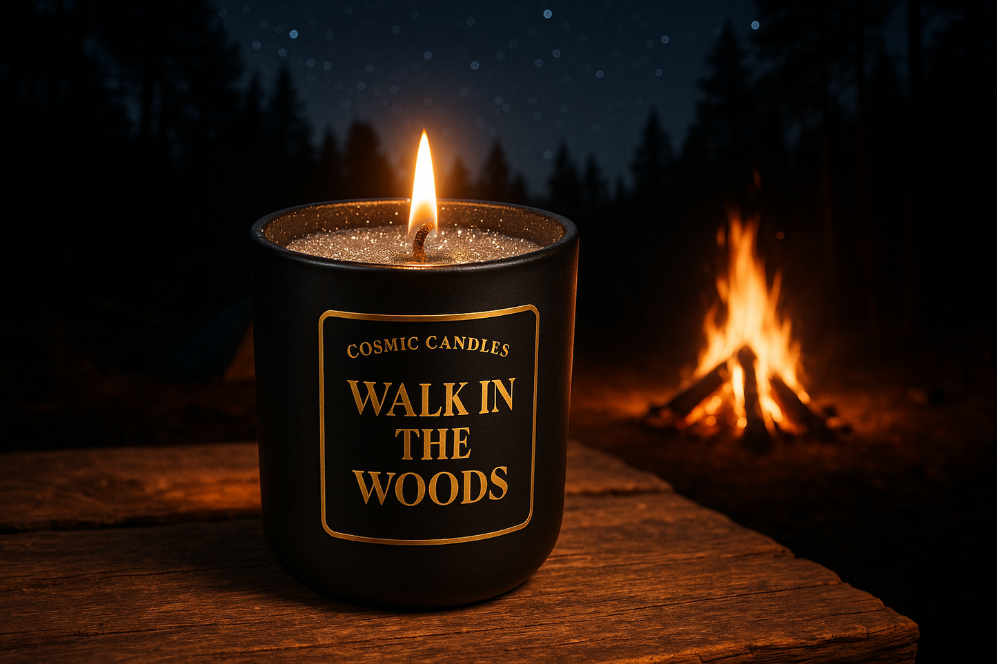 black ceramic candle with glittery white wax melting and a solid gold label with "Cosmic Candles" written on the top in Beauty Salon Script and "Walk in the Woods" written on the bottom in DM Serif Style font on a wooden table beside a campfire at a campsite under the stars in the woods