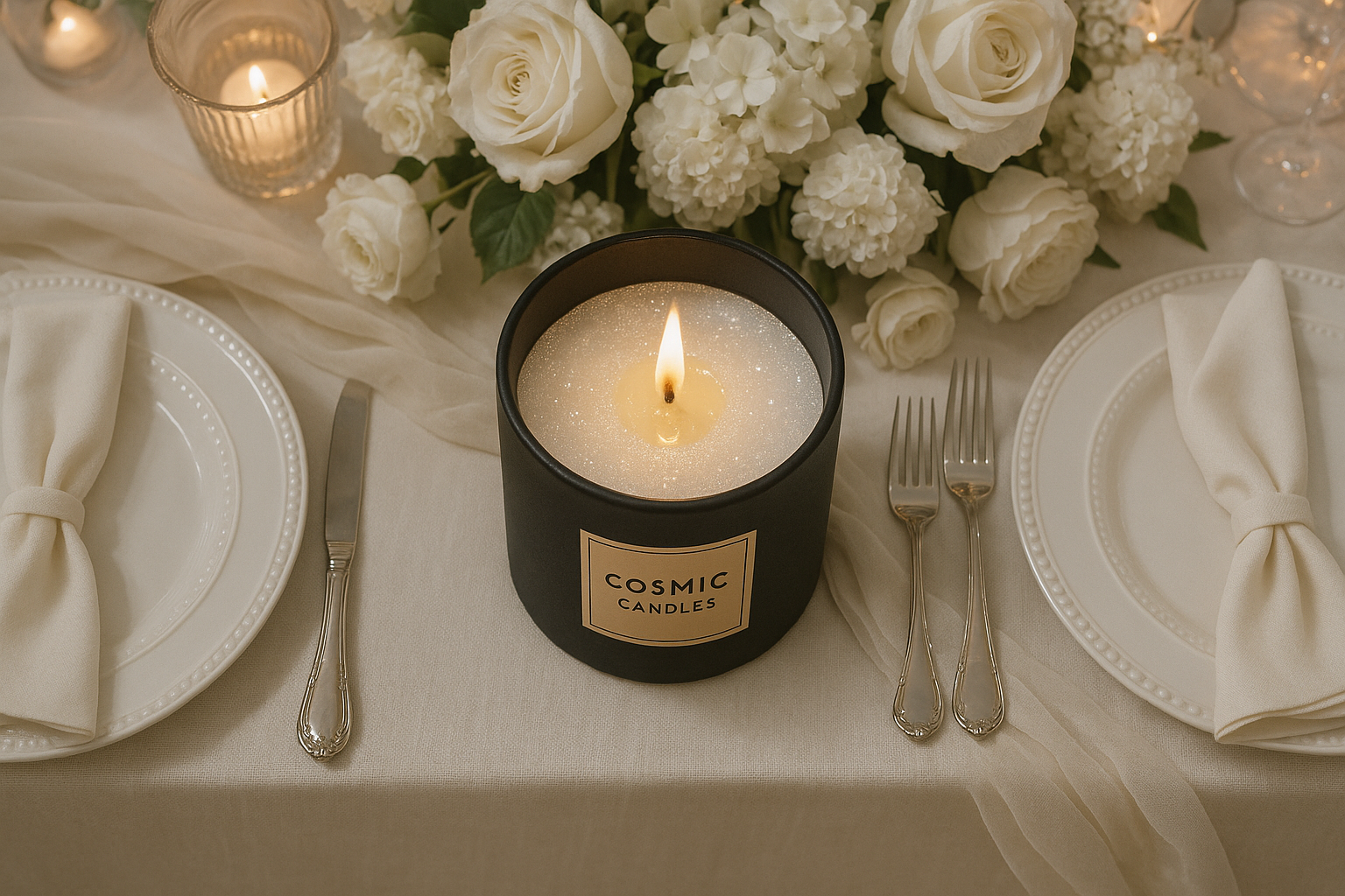 overhead image of a black matte ceramic candle burning and glittery white wax melting inside of the jar. the candle is the centerpiece of a beautifully decorated wedding entrance table and has a gold, square label on it that reads "Cosmic Candles"