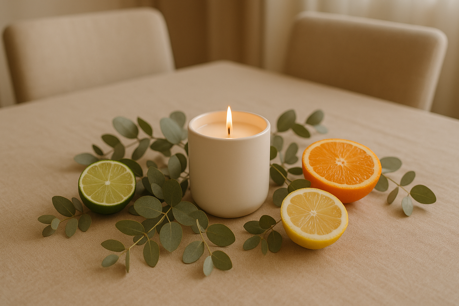 small white ceramic candle complemented by sprigs of eucalyptus and citrus fruit cut into halves, on an elegant, beige color-schemed dining room table