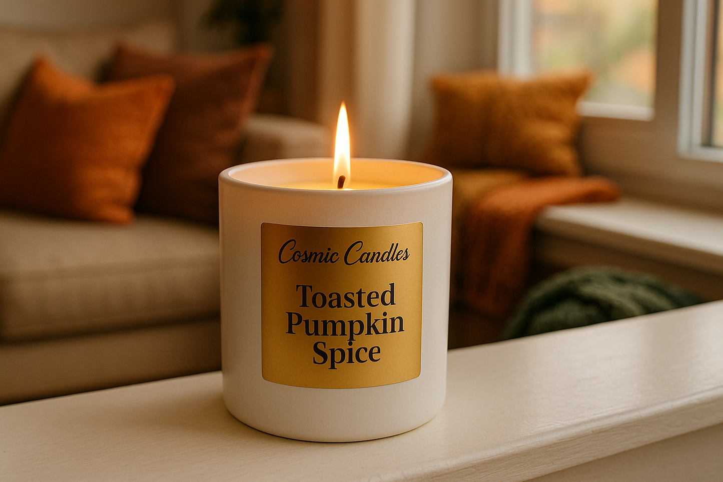 white ceramic candle with a solid gold label with "Cosmic Candles" written on top of the label in Beauty Salon Script font and "Toasted Pumpkin Spice" written on the bottom of the label in DM Serif Style font lit in the living room windowsill of a home decorated with fall colors like orange, brown, beige, and forest green and warm, blanket adorned furniture in the background