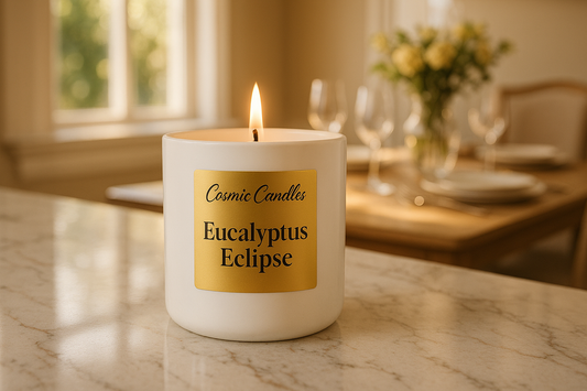 white ceramic candle with solid gold square label with "Cosmic Candles" written on the top in Beauty Salon Script and "Eucalyptus Eclipse" written on the bottom in DM Serif Display Font on a marble kitchen island counter with sunshining through a window onto the set dinner table in the background