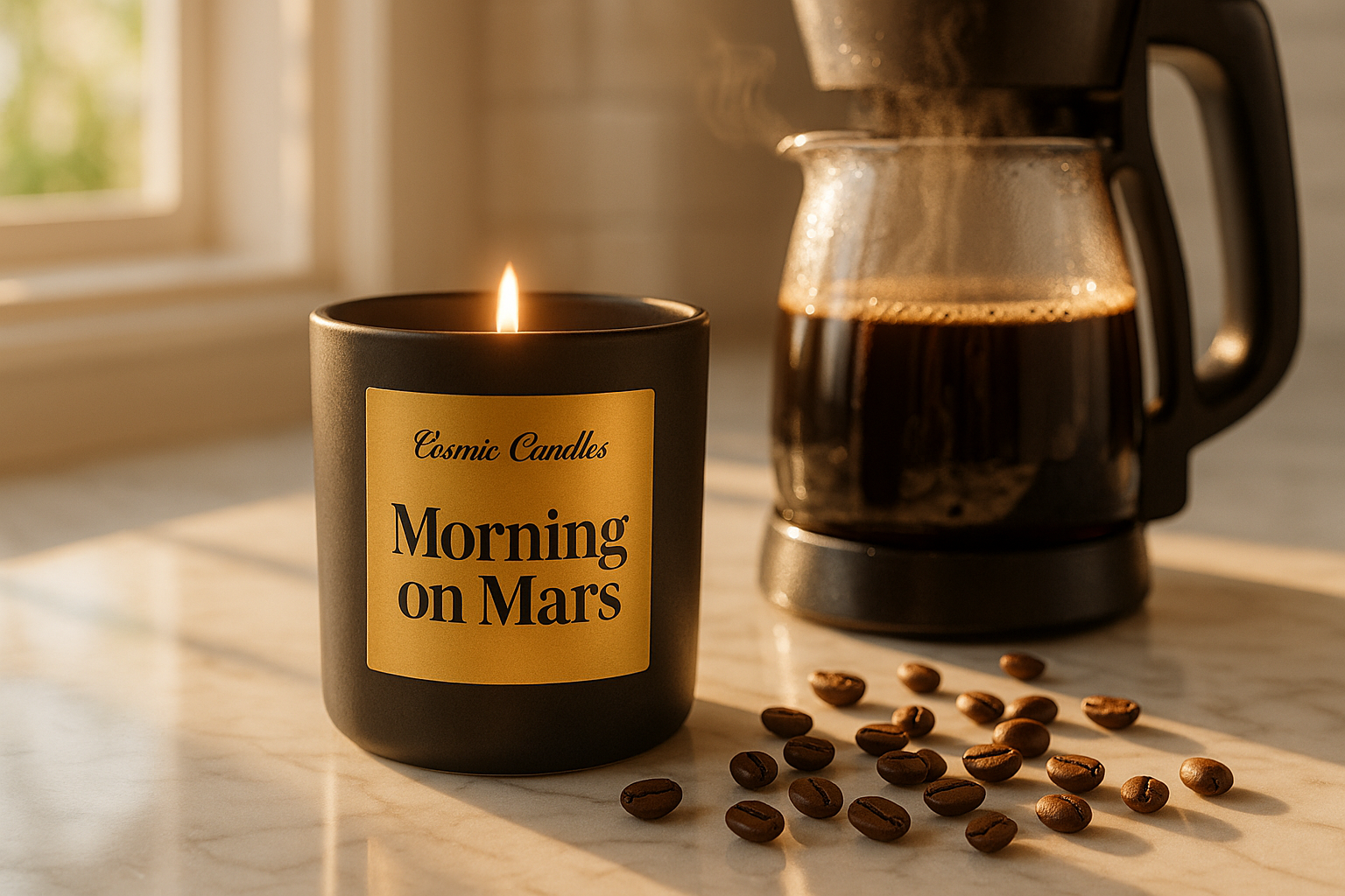 black ceramic candle with a solid gold label with "Cosmic Candles" written on top of the label in Beauty Salon Script font and "Morning on Mars" written on the bottom of the label in DM Serif Style font on a marble countertop in a sunlit kitchen beside a coffee maker filled with hot coffee and a few espresso beans on the countertop