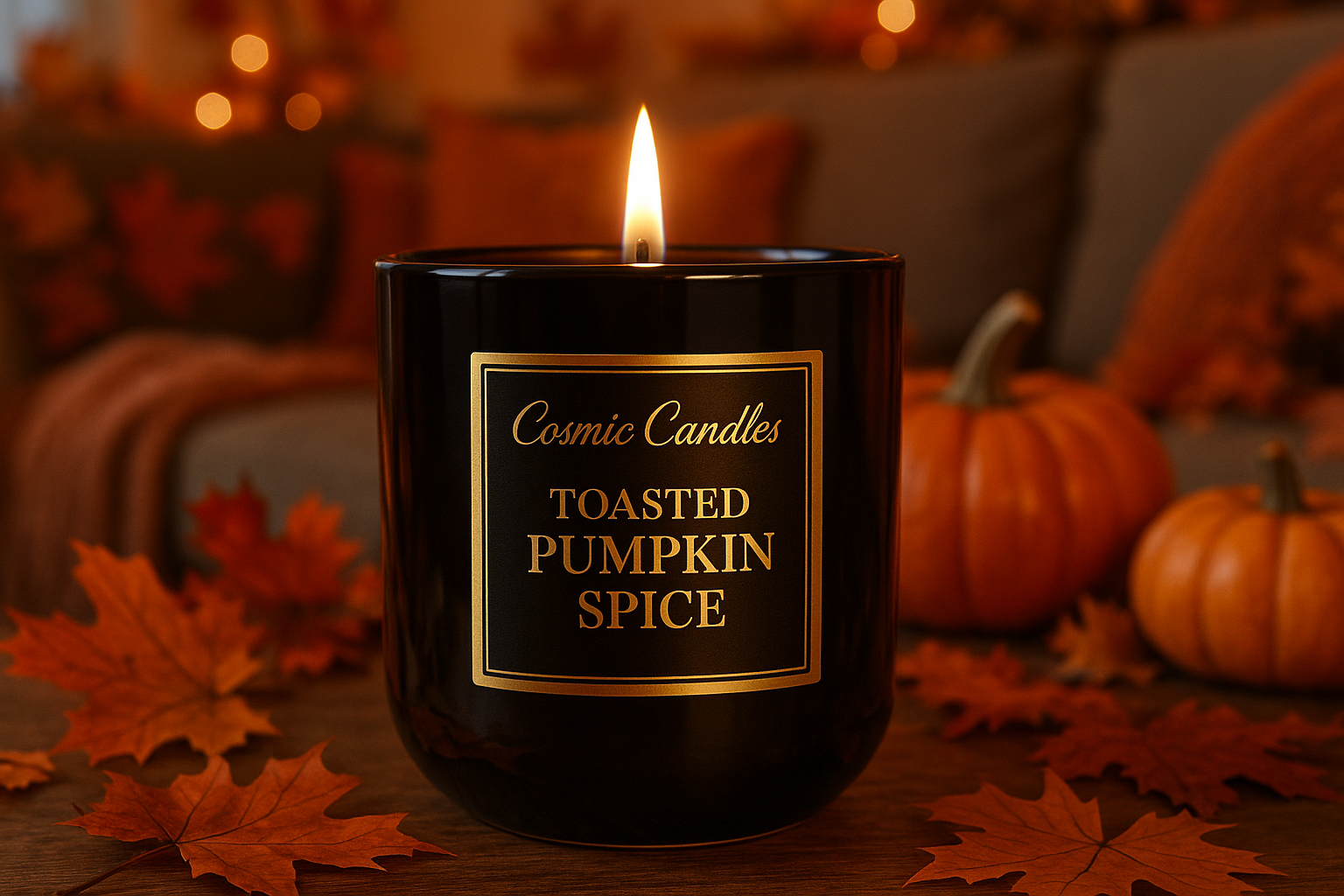 black ceramic candle with a solid gold square label with "Cosmic Candles" written in beauty salon script on top and "Toasted Pumpkin Spice" written in DM Serif Display font on the bottom in a warm living room with fall decor