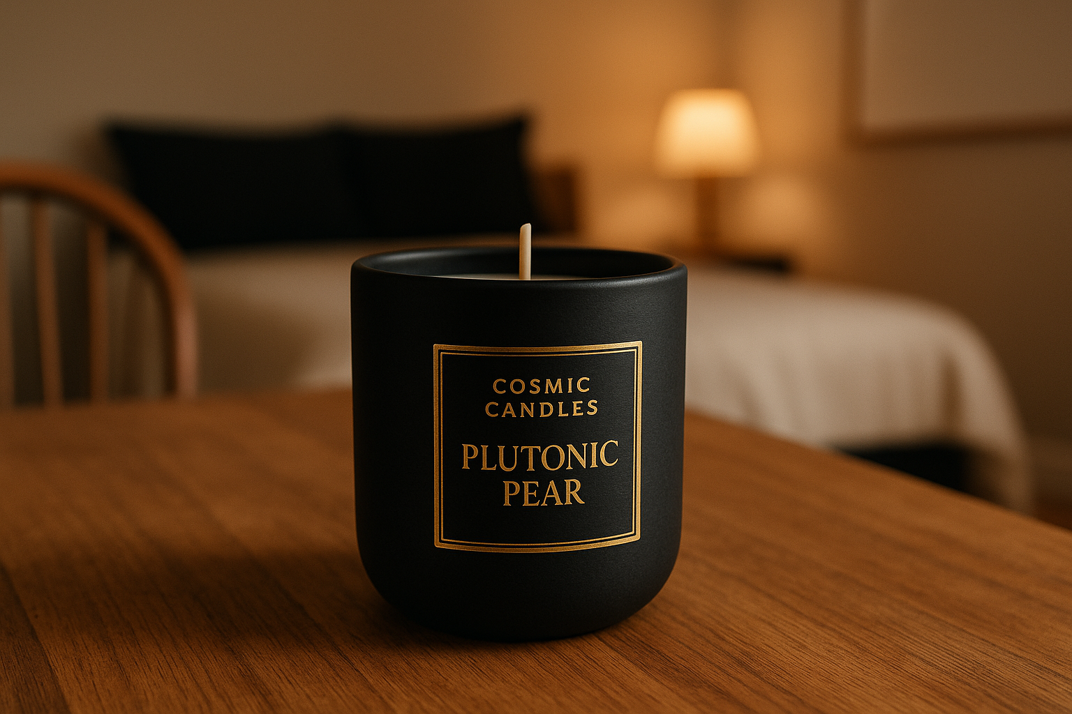 black matte ceramic candle, labeled with a gold, square with "Cosmic Candles" and underneath that, "Plutonic Pear" written on it, on a dining room table with a beige and black color-schemed bedroom background
