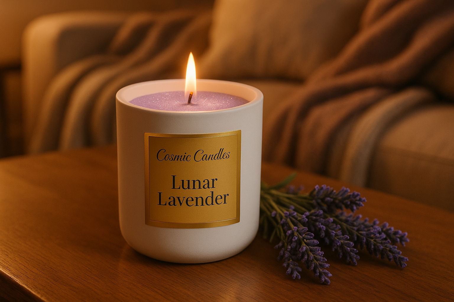 glittery lavender colored wax candle in a white ceramic jar with a solid gold square label with "Cosmic Candles" written in Beauty Salon Script on top and "Lunar Lavendar" written in DM Serif Display font on the bottom, on a coffee table in a warm living room with several blankets on a sofa in the background and sprigs of lavender beside the candle on the table