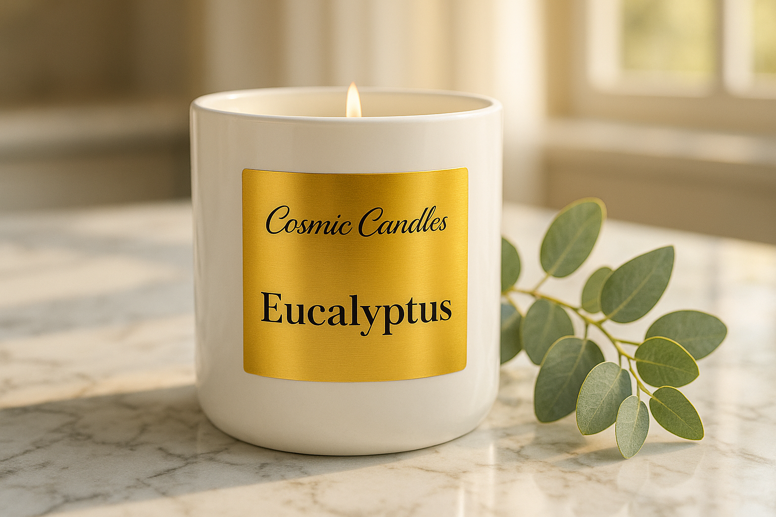 white ceramic candle with a solid gold label with "Cosmic Candles" written on top of the label in Beauty Salon Script font and "Eucalyptus" written on the bottom of the label in DM Serif Style font on a marble kitchen countertop in a sunlit room with sprigs of eucalyptus leaf beside the candle to complement it