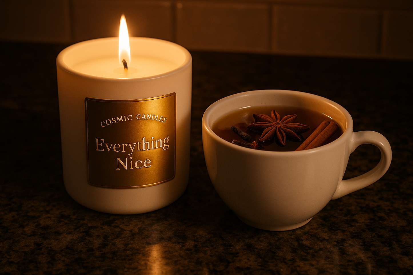 white ceramic candle with a solid gold label with "Cosmic Candles" written on top of the label in Beauty Salon Script font and "Everything Nice" written on the bottom of the label in DM Serif Style font on a granite kitchen countertop at night beside a cup of tea complemented by star anise, cloves, and cinnamon sticks for garnsih