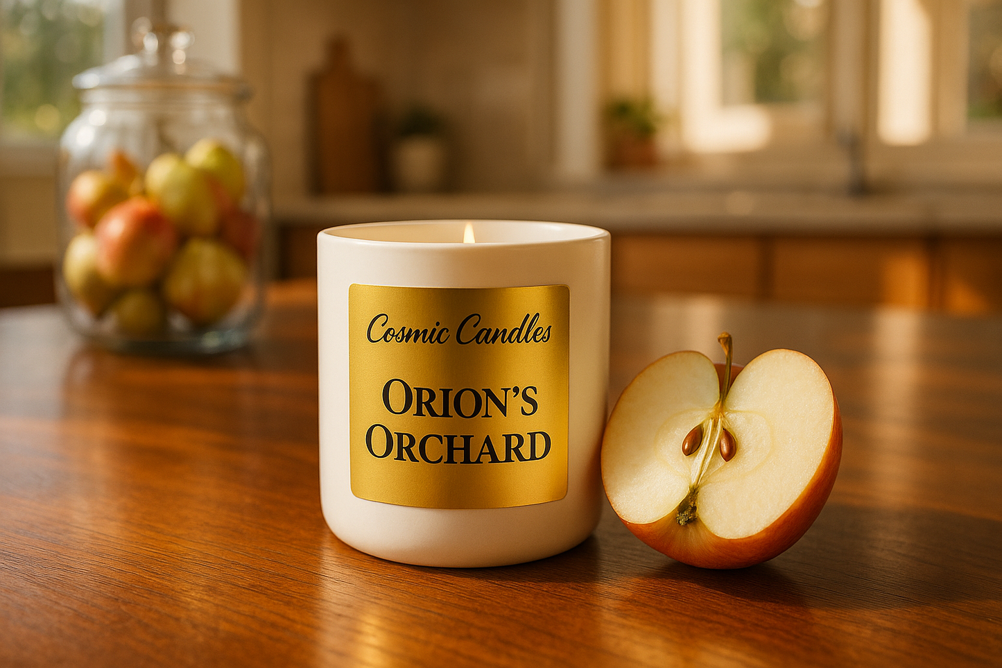 white ceramic candle with a solid gold label with "Cosmic Candles" written on top of the label in Beauty Salon Script font and "Orion's Orchard" written on the bottom of the label in DM Serif Style font on a mahongany dining room table in a sunlit kitchen with an apple split in half beside it to complement the candle and a jar of apples and pears in the background of the kitchen blurred