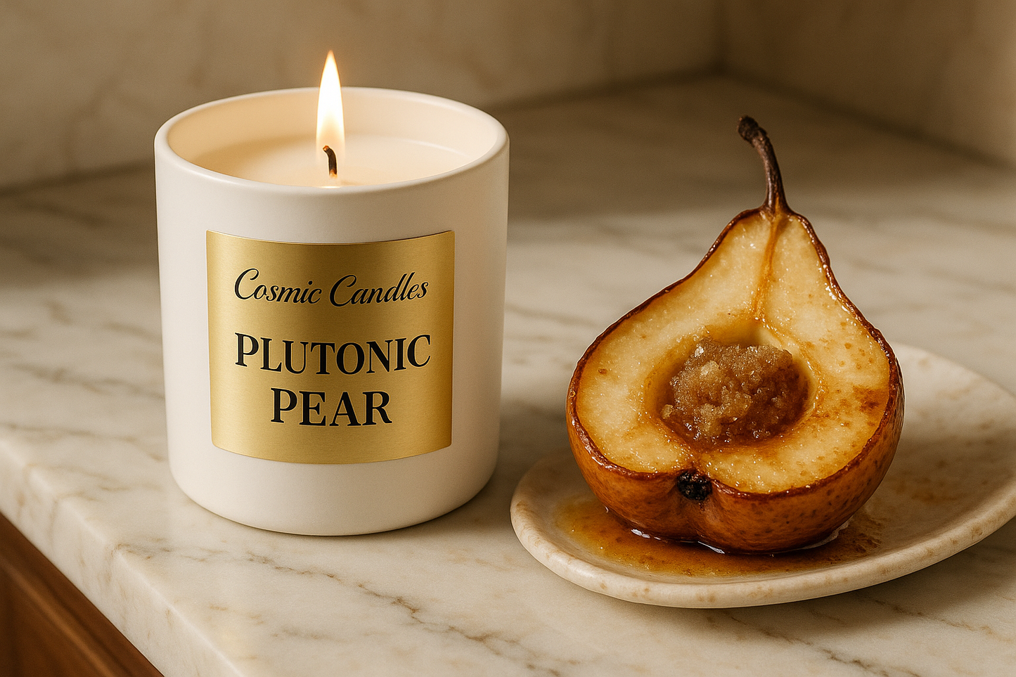 white ceramic candle with a solid gold label with "Cosmic Candles" written on top of the label in Beauty Salon Script font and "Plutonic Pear" written on the bottom of the label in DM Serif Style font on an elegant marble kitchen counter beside a warm baked pear and brown sugar dessert