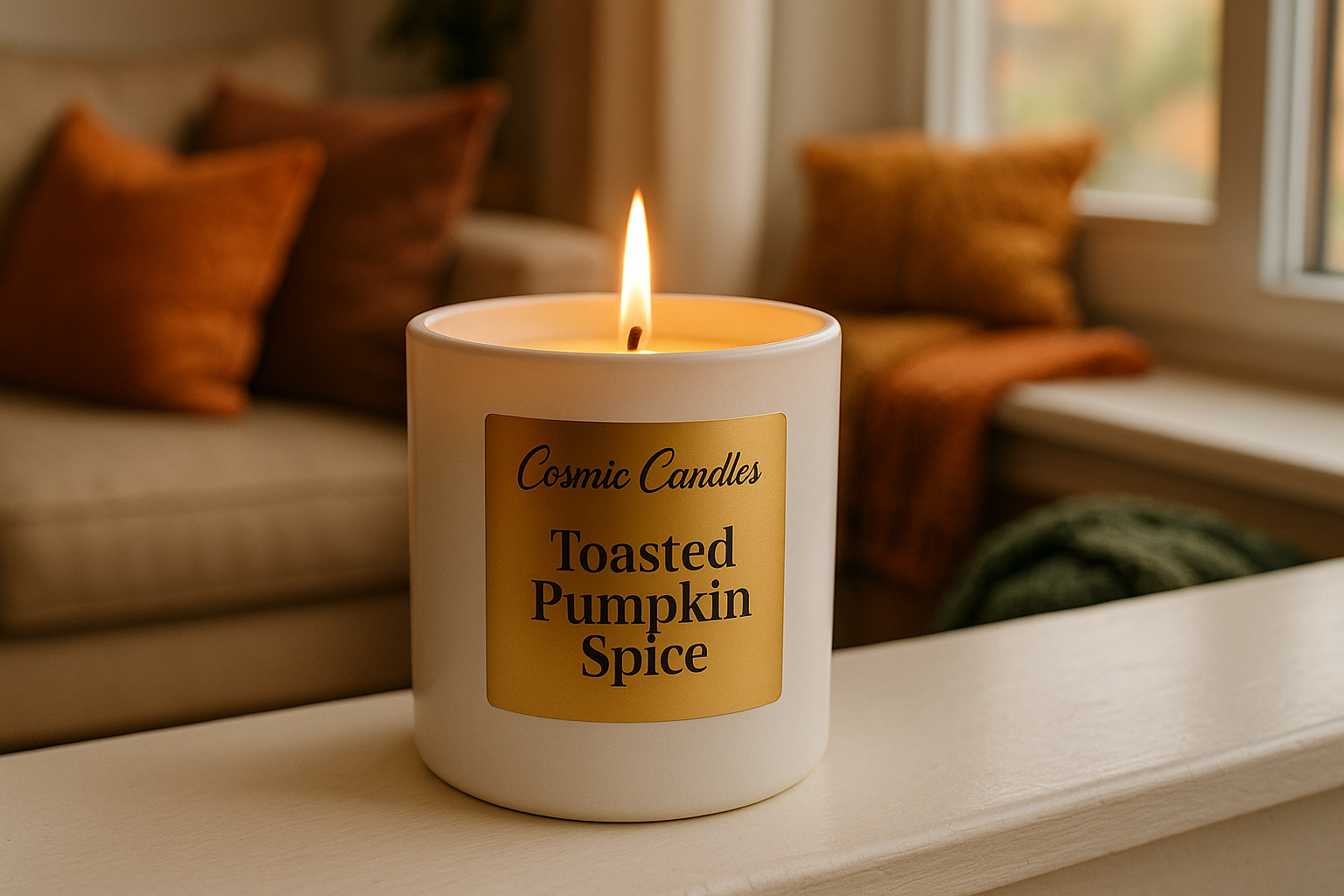white ceramic candle with a solid gold label with "Cosmic Candles" written on top of the label in Beauty Salon Script font and "Toasted Pumpkin Spice" written on the bottom of the label in DM Serif Style font lit in the living room windowsill of a home decorated with fall colors like orange, brown, beige, and forest green and warm, blanket adorned furniture in the background