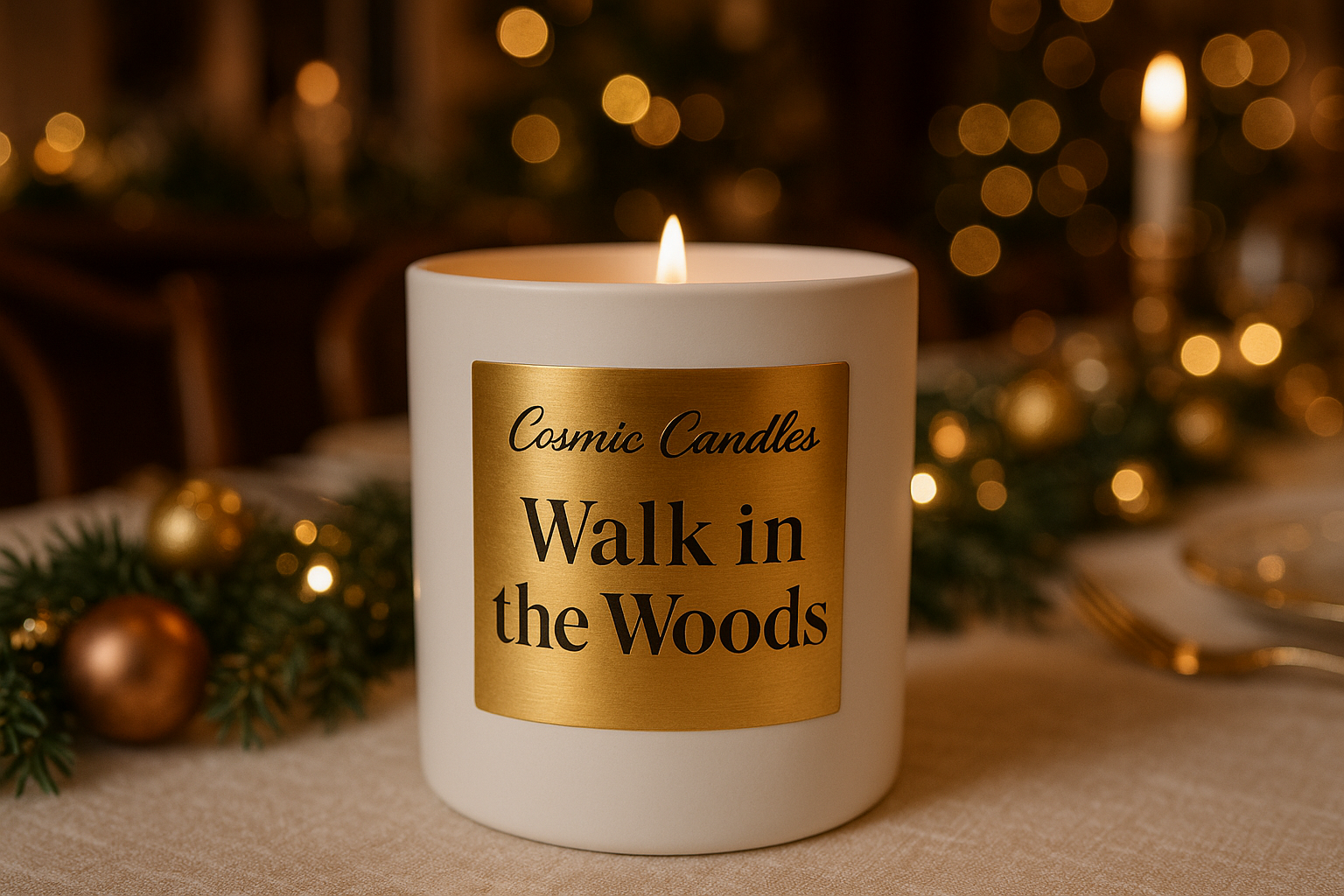 white ceramic candle with a solid gold label with "Cosmic Candles" written on top of the label in Beauty Salon Script font and "Walk in the Woods" written on the bottom of the label in DM Serif Style font on an elegantly decorated dining room table with holiday decorations in the background of the room