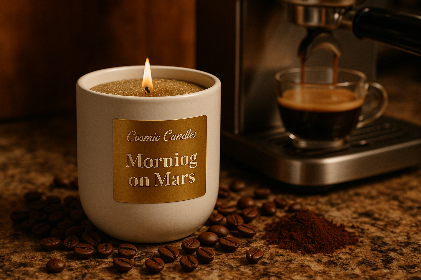white ceramic candle with khaki glittery wax a solid gold label with "Cosmic Candles" written on top of the label in Beauty Salon Script font and "Morning on Mars" written on the bottom of the label in DM Serif Style font on a grantie kitchen counter beside an espresso machine that's freshly brewed a cup of coffee in a coffe house and some espresso beans and grounds to complement the candle