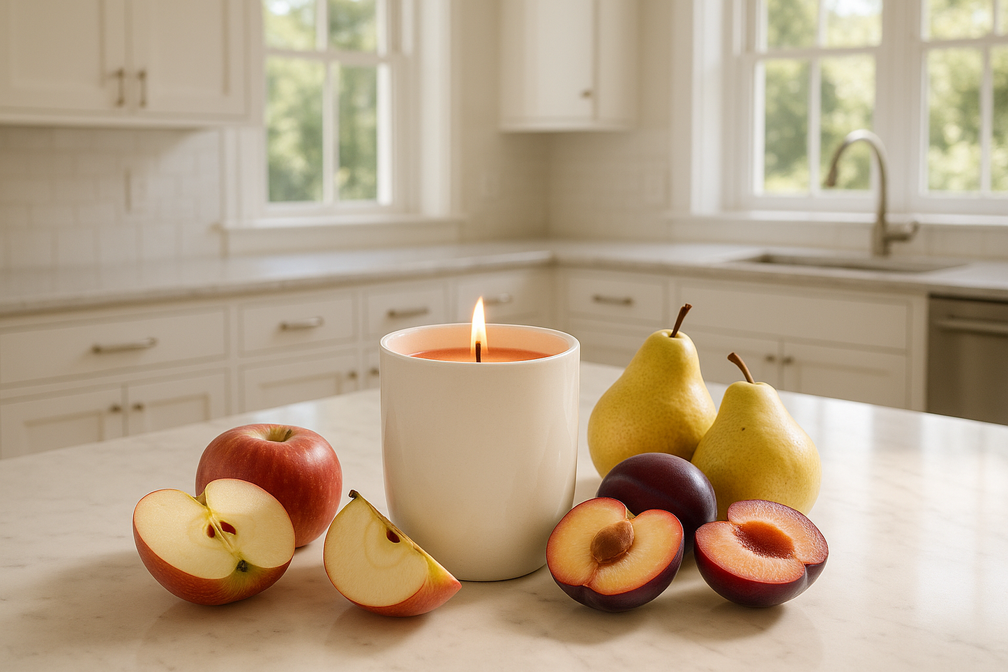 white ceramic candle with light red wax, complemented by cut apples, pears, and plums sitting on the island of a beautiful, white, sunlit open concept kitchen