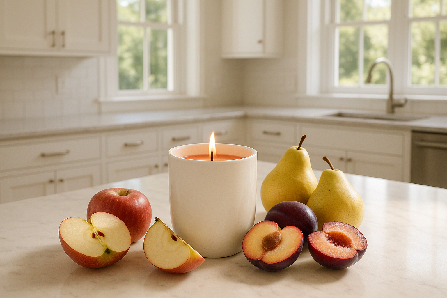 white ceramic candle with light red wax, complemented by cut apples, pears, and plums sitting on the island of a beautiful, white, sunlit open concept kitchen